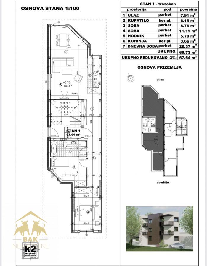 Nov trosoban stan na Novom Naselju, Novi Sad, prizemlje, 68 m²